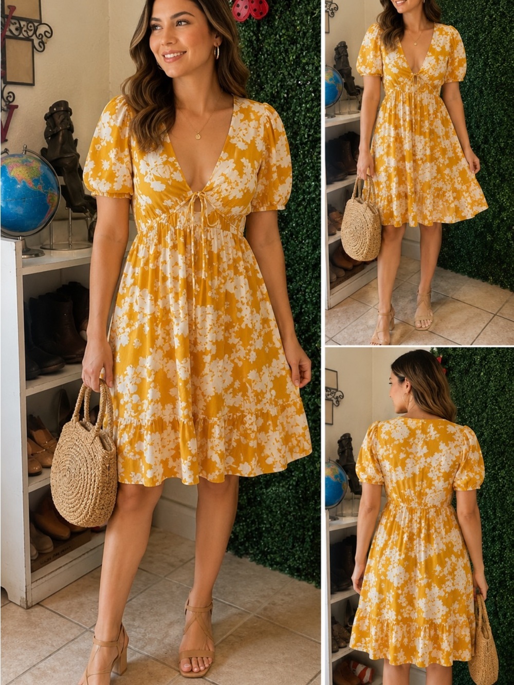 Sunset Floral Tie-Front Mini Dress - Yellow & White #52